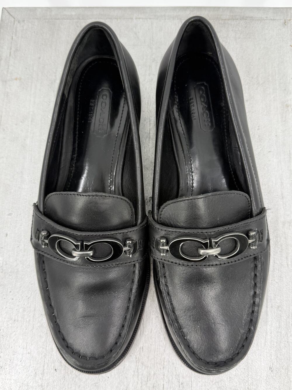 Coach 1941 Women's Black Leather C-Chain Loafers Size 5.5B Slip-On Flats Preppy